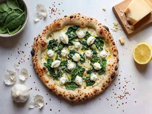 Spinat Pizza Rezept: Pizza bianca mit Ricotta und Knoblauch - Spinat Pizza Rezept: Pizza bianca mit Ricotta