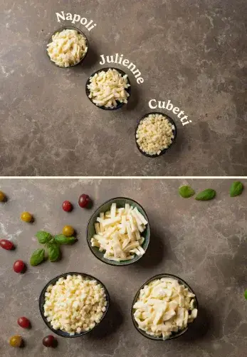 Fior di Latte im Julienne Schnitt, Cubetti und Napoli-Schnitt nebeneinander im Vergleich
