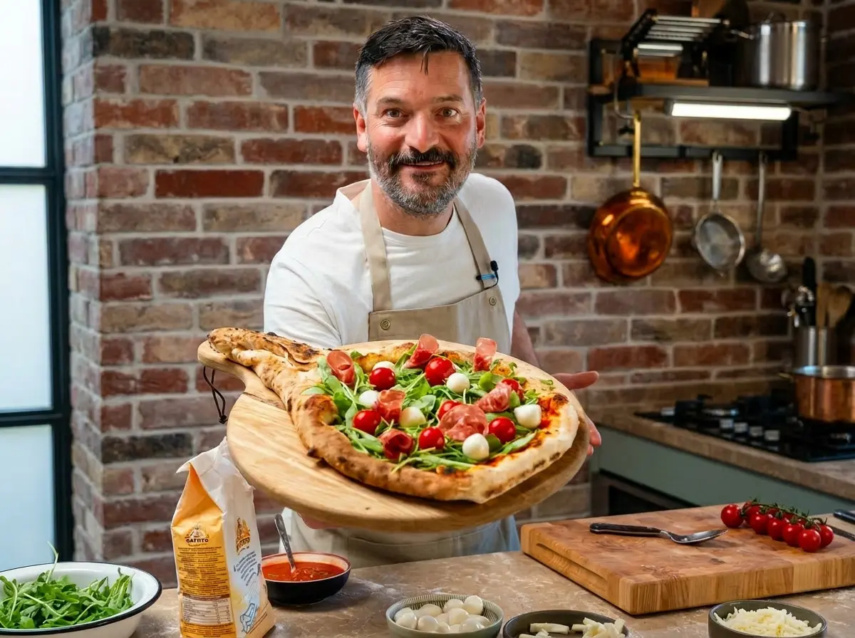 Fertiger Pizza Blumenstrauß mit Salami-Rosen, Rucola und Mozzarella auf Holzbrett, Pizza zum Muttertag essen