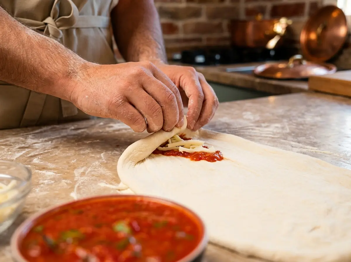 Unteres Viertel des Pizzateigs wird mit San Marzano Tomaten und Fior di Latte gefüllt und zum Calzone-Stiel umgeklappt