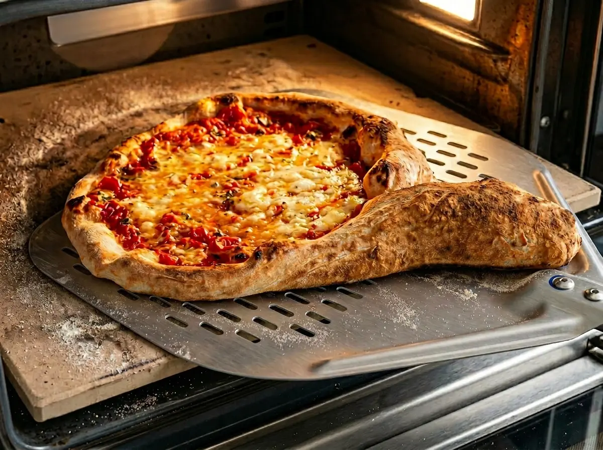 Pizza Blumenstrauß auf Pizzaschieber im heißen Ofen, goldbrauner Rand und geschmolzener Käse