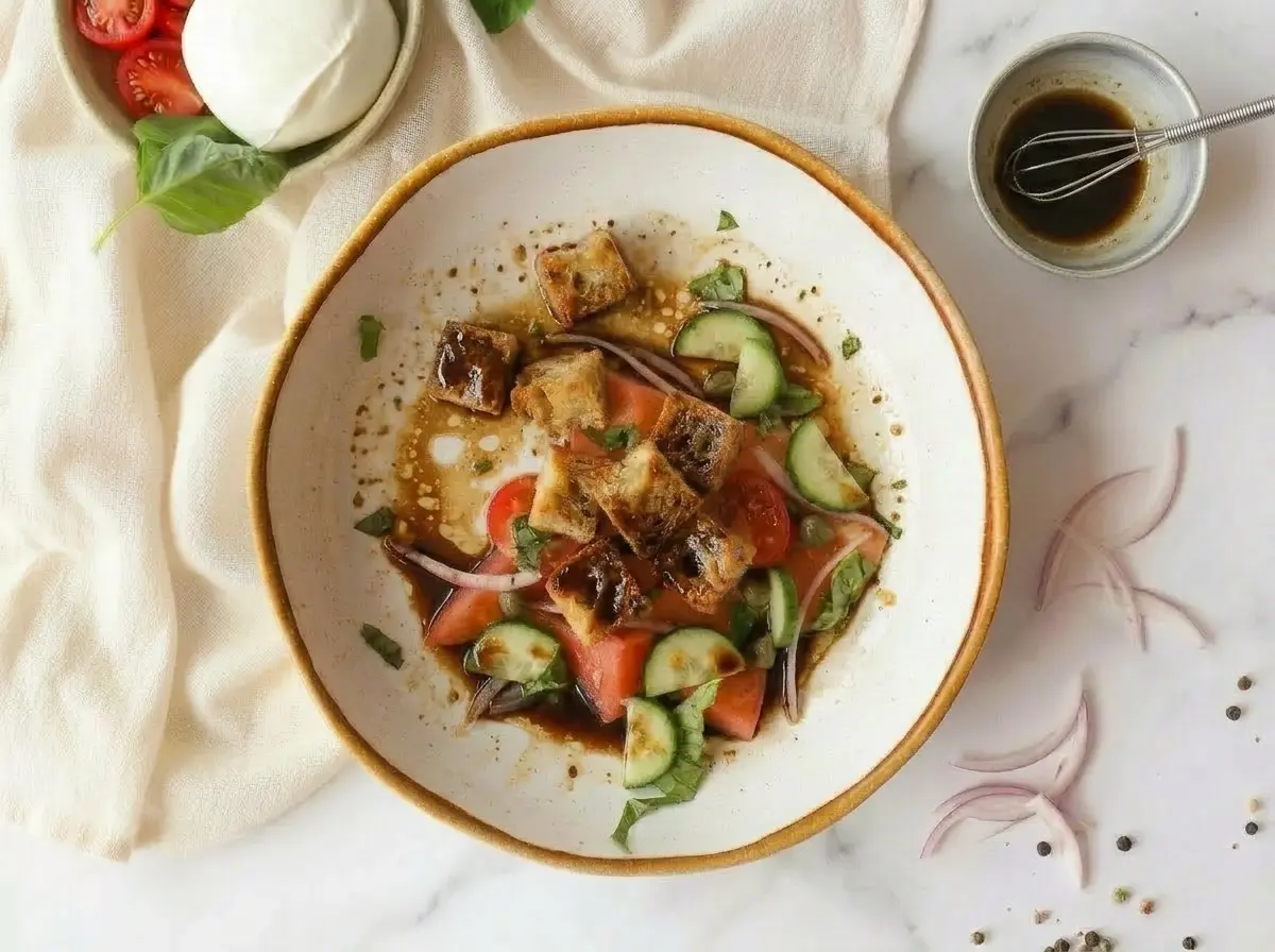 Panzanella salat in einer rustikalen Tonschüssel nach dem Ziehen mit Tomaten, Basilikum und geröstetem Ciabatta