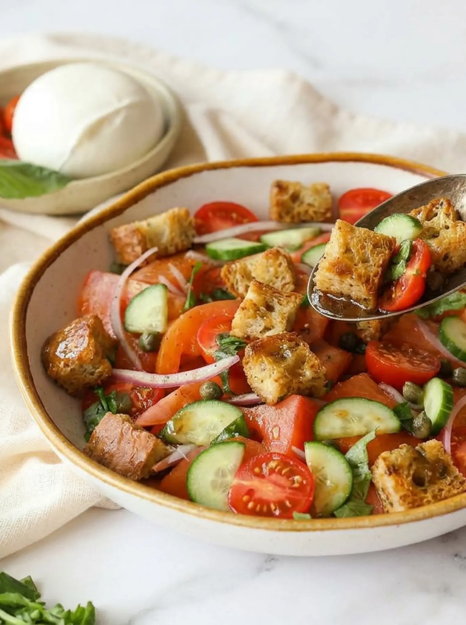 Nahaufnahme Panzanella Dressing mit Olivenöl, Rotweinessig und Knoblauch in einer kleinen Schüssel