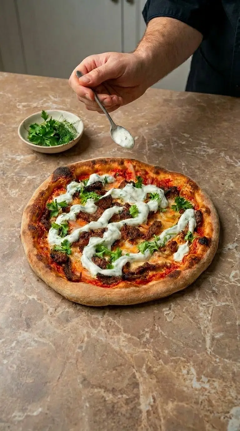 Fertig gebackene Gyros Pizza mit Gyrosfleisch, Tzatziki-Creme, Zwiebelstreifen und Petersilie.