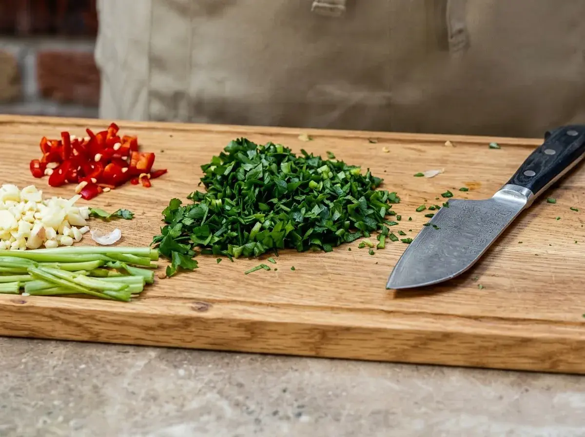 Zutaten für Spaghetti Aglio e Olio: rohe Spaghetti, frischer Knoblauch, Peperoncino, Petersilie und eine Flasche natives Olivenöl extra auf rustikalem Holzuntergrund