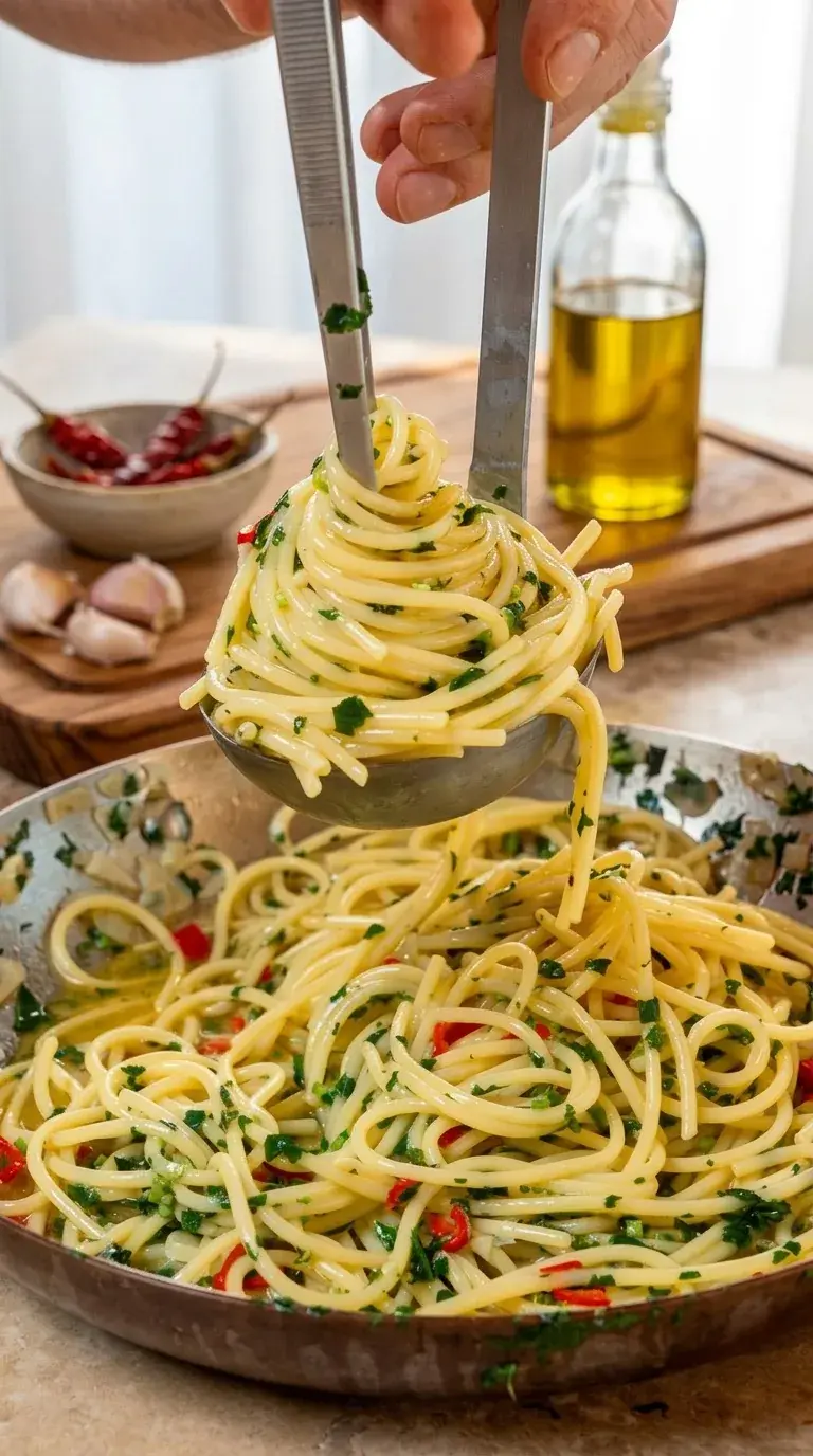 Dünn gehobelte Knoblauchscheiben mit Spaghetti, Chili und Petersilie in hochwertigem Olivenöl in einer Pfanne