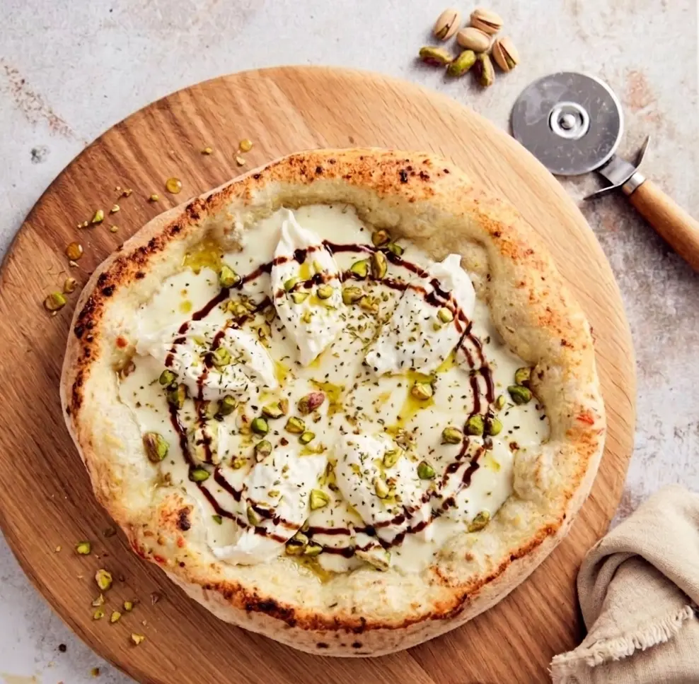 Pizza Bianca mit Burrata, Pistazien und Balsamico