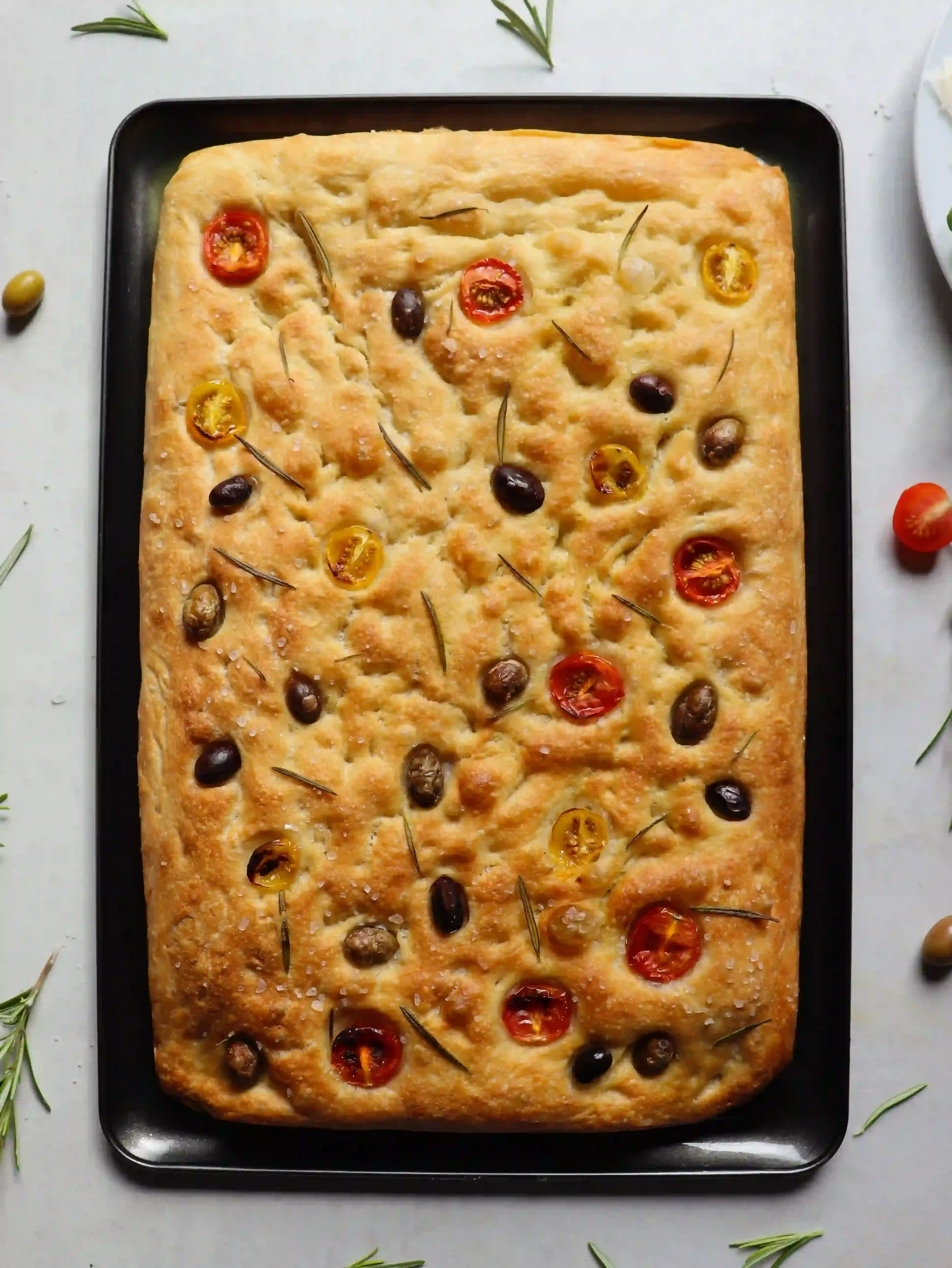 Gebackene Focaccia in Blech von oben