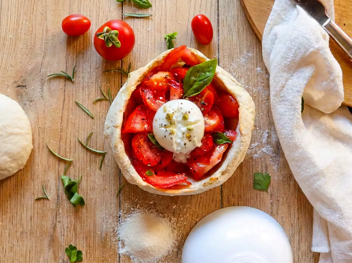 Essbare Pizzateig-Bowl gefüllt mit Salat und Burrata