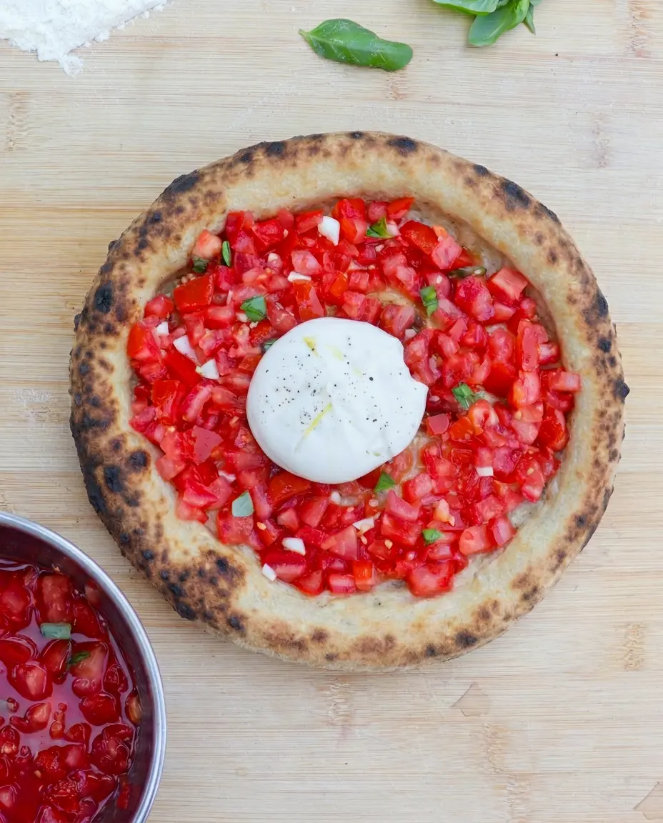 Pizza Bruschetta mit Burrata, frisch aus dem Ofen