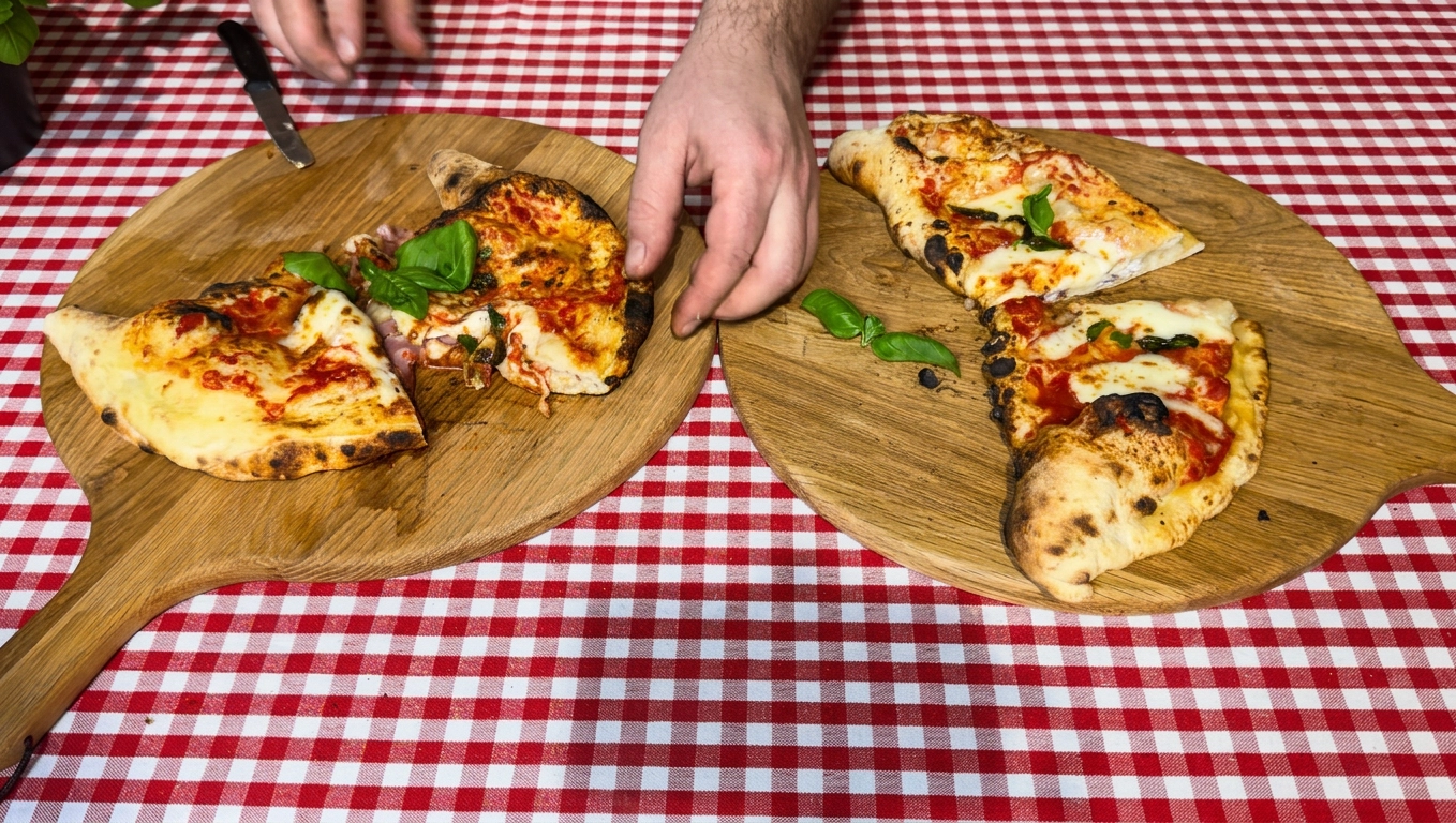 Aufgeschnittene fertige Calzone mit Ricotta und Salami