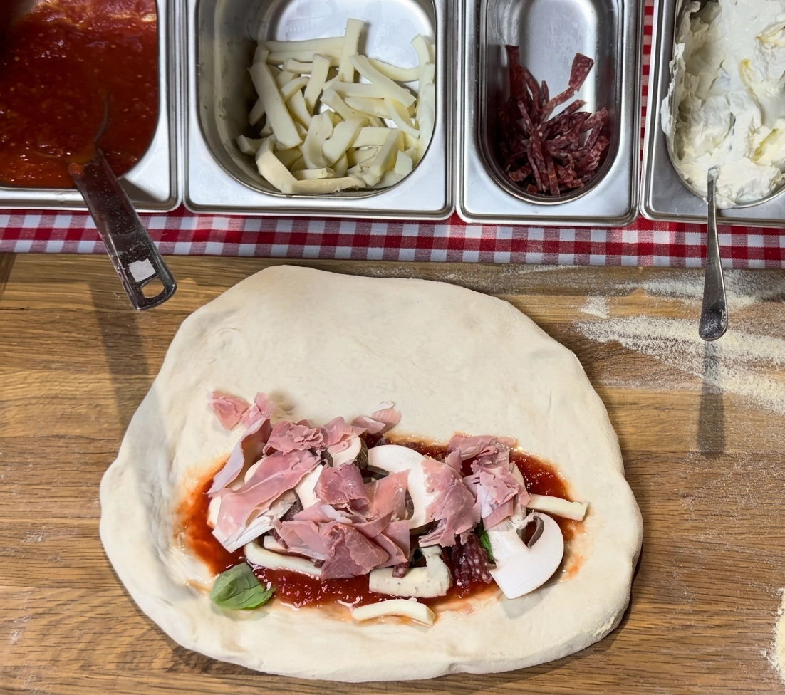 Zutaten für die moderne Calzone mit Champignons und Kochschinken