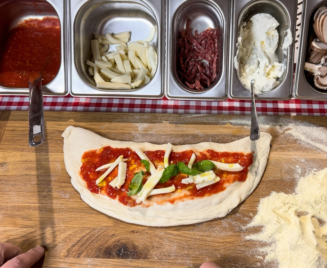 Rohe Calzone Füllung mit Ricotta, Salami und Basilikum