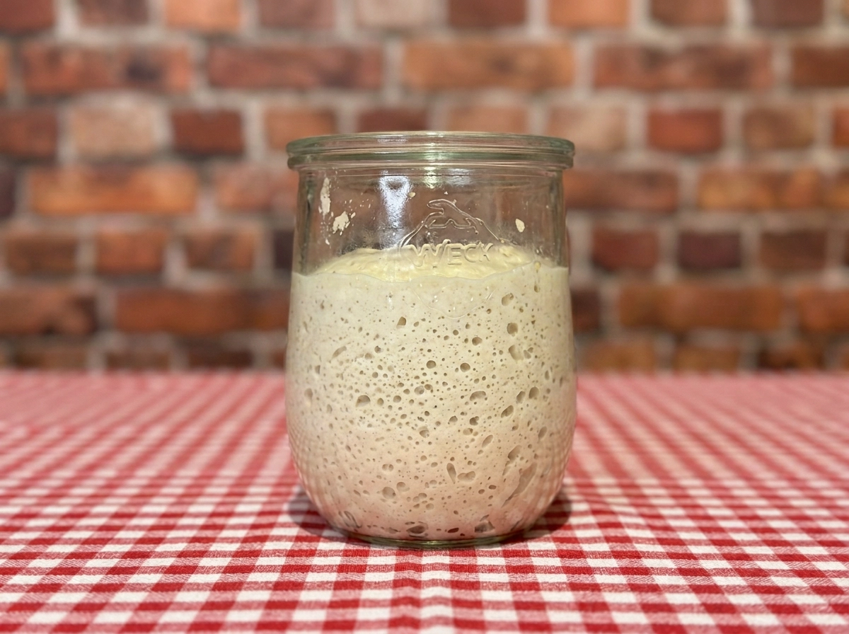 Frisch angesetzter Lievito Madre Sauerteig im Glas