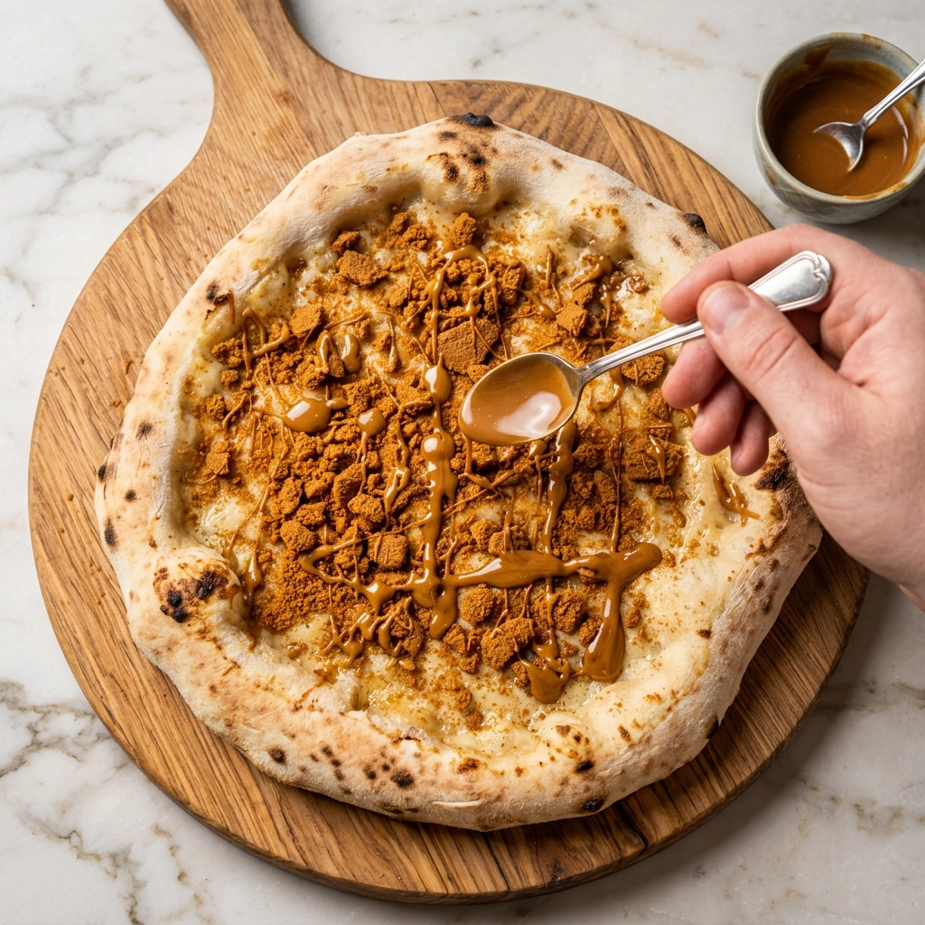 Süße Pizza mit Lotus Keksen, Lotus Creme und Vanillesoße