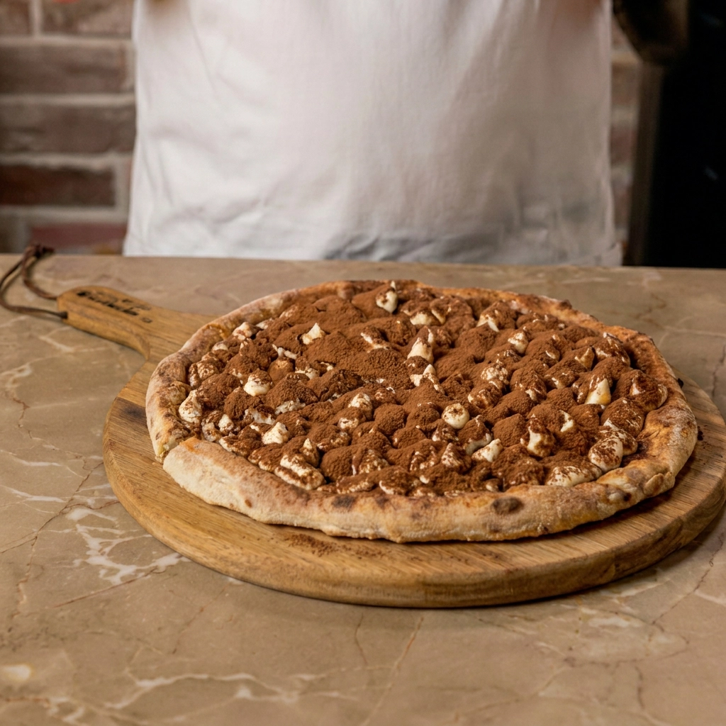 Pizza Tiramisu mit Mascarponecreme und Kakao bestäubt