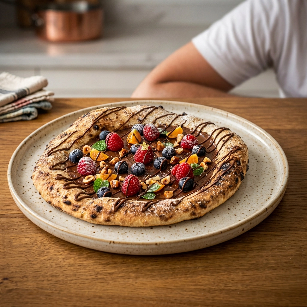 Süße Pizza mit Nutella und frischem Obst in Stücke geschnitten