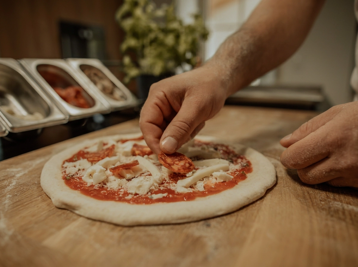 Pizza Diavola belegen: scharfe Salami wird auf der Pizza verteilt