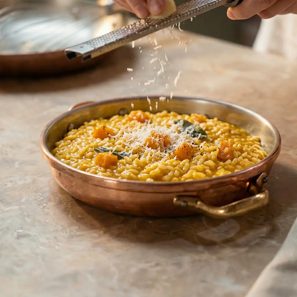 Kürbisrisotto italienisch serviert, fertig zum Genießen