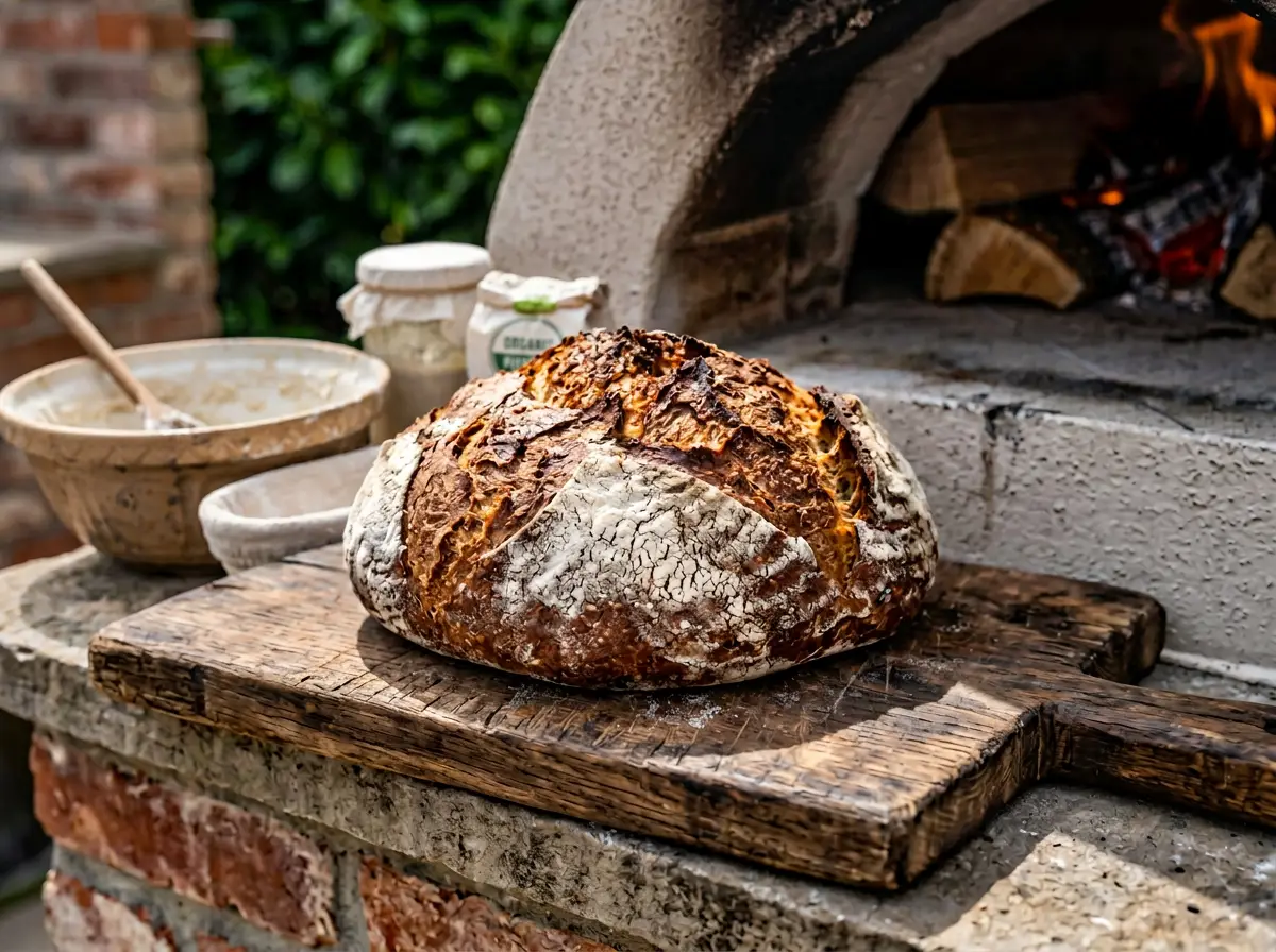 Frisch gebackenes Bauernbrot mit rustikaler Kruste vor dem Holzbackofen