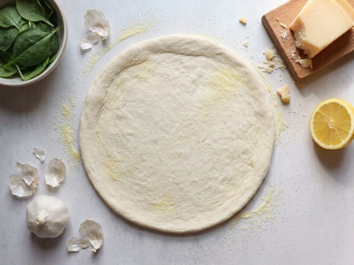 Spinat Pizza bianca mit Ricotta, Knoblauchspinat und Fior di Latte von oben